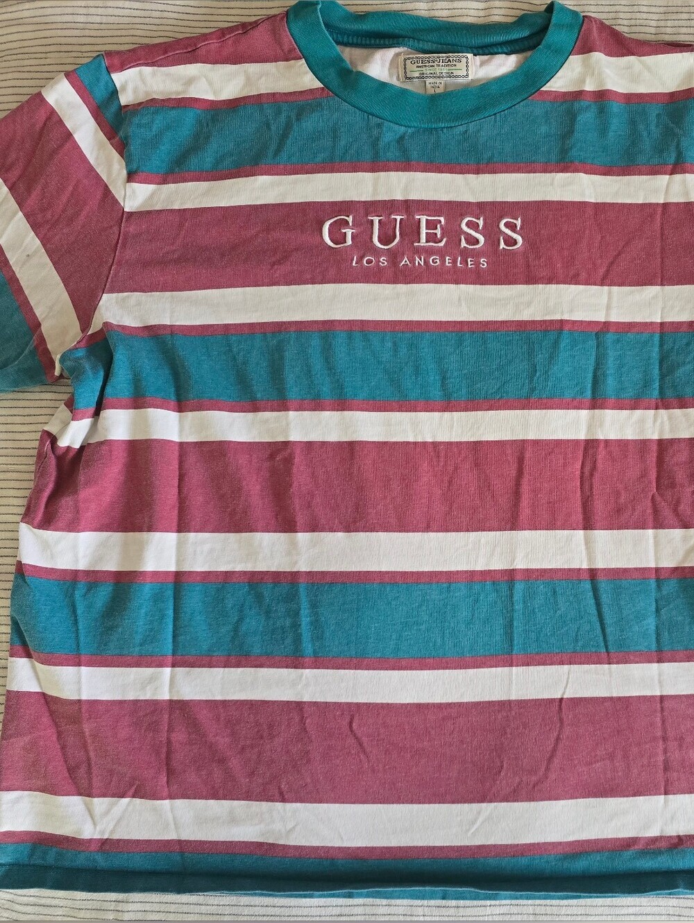 Guess Jeans Vtg 90's St. James Striped Short Slv T Shirt Guess Los Angeles Sz L
